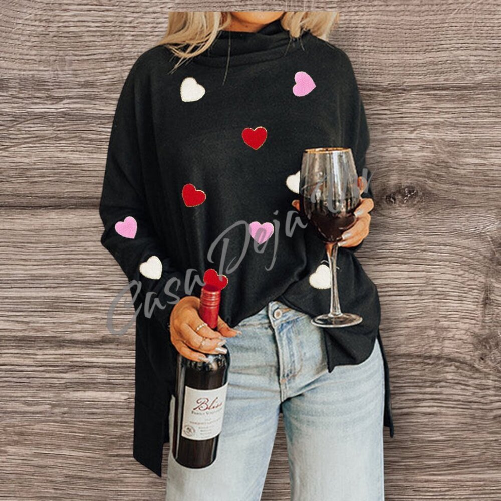 Chenille Slouchy Baggy Dolman Hearts Patchwork Cowl Neck Drapery Jersey Top